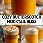 Golden butterscotch hot buttered rum mocktail in glass mug with cinnamon and creamy froth.